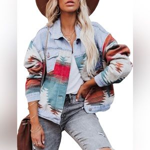 Aztec Denim Jean Jacket Cropped Long Sleeve Shacket Womens Oversized Medium